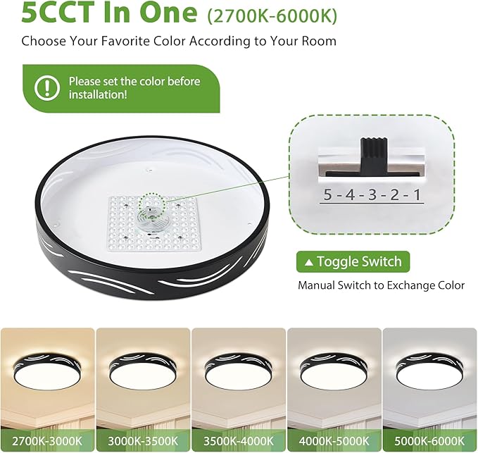 Modern Dimmable Ceiling Light Fixture,5CCT in One LED Flush Mount Kitchen Lights,Round Close to Ceiling Lamp for Bedroom Living Room Hallway Entryway Laundry Room Bathroom(Black,15.75 in,ETL Listed)