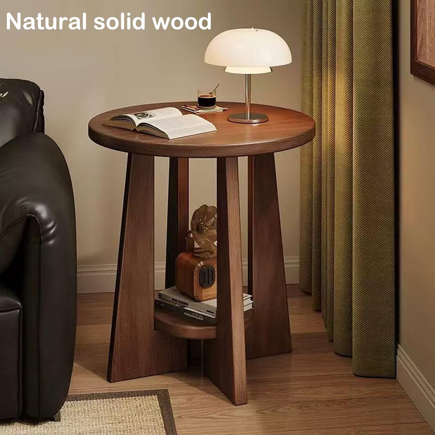 YUNMUAIR-Round Wood End Table with 2-Tier Storage,15.75" Dia Small Accent Sofa Table,Solid Wood Nightstand,Modern Side Tables for Living Room Bedroom Small Space,Walnut Brown
