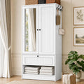 iPormis Wood Armoire Wardrobe Closet with Mirror Door and Drawer, 2 Doors Bedroom Storage Cabinet for Hanging Clothes, White