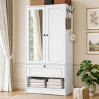 iPormis Wood Armoire Wardrobe Closet with Mirror Door and Drawer, 2 Doors Bedroom Storage Cabinet for Hanging Clothes, White