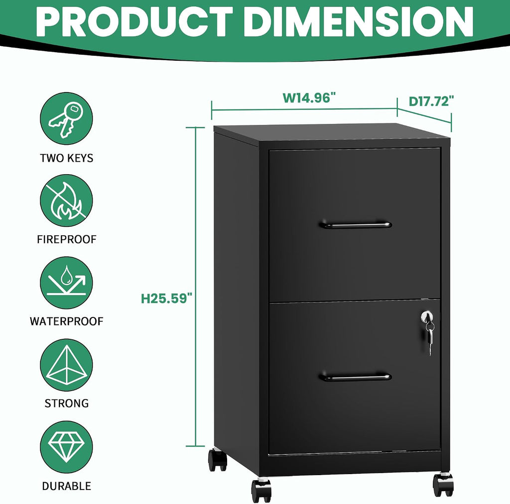 2-Drawer Mobile File Cabinet with Lock & Wheels,Under Desk File Cabinets for Home Office,Steel Rolling Cabinet for Legal/Letter Files(Black)