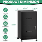 2-Drawer Mobile File Cabinet with Lock & Wheels,Under Desk File Cabinets for Home Office,Steel Rolling Cabinet for Legal/Letter Files(Black)