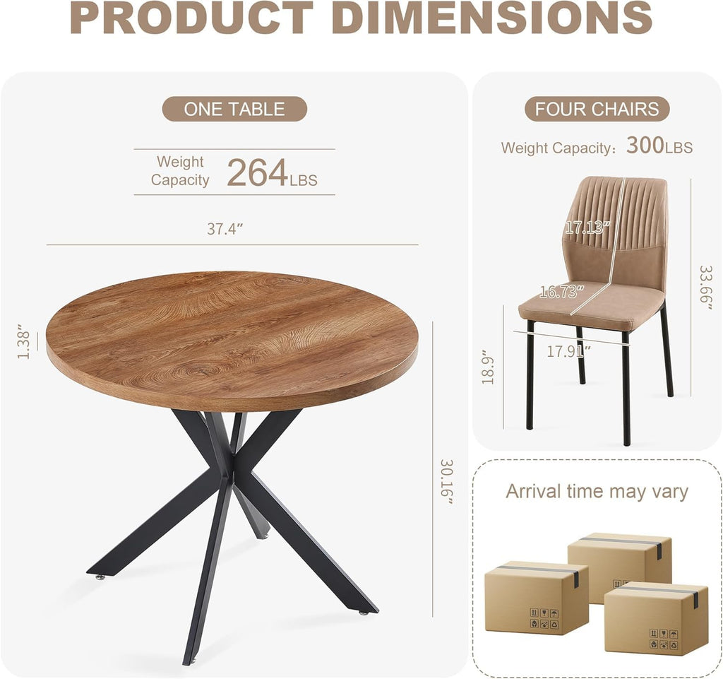 37" Round Dining Table Set for 4, Mid Century Modern Small Coffee Set for Dining Room Kitchen Apartment (Walnut Table + 4 PU Leather Beige Chairs)