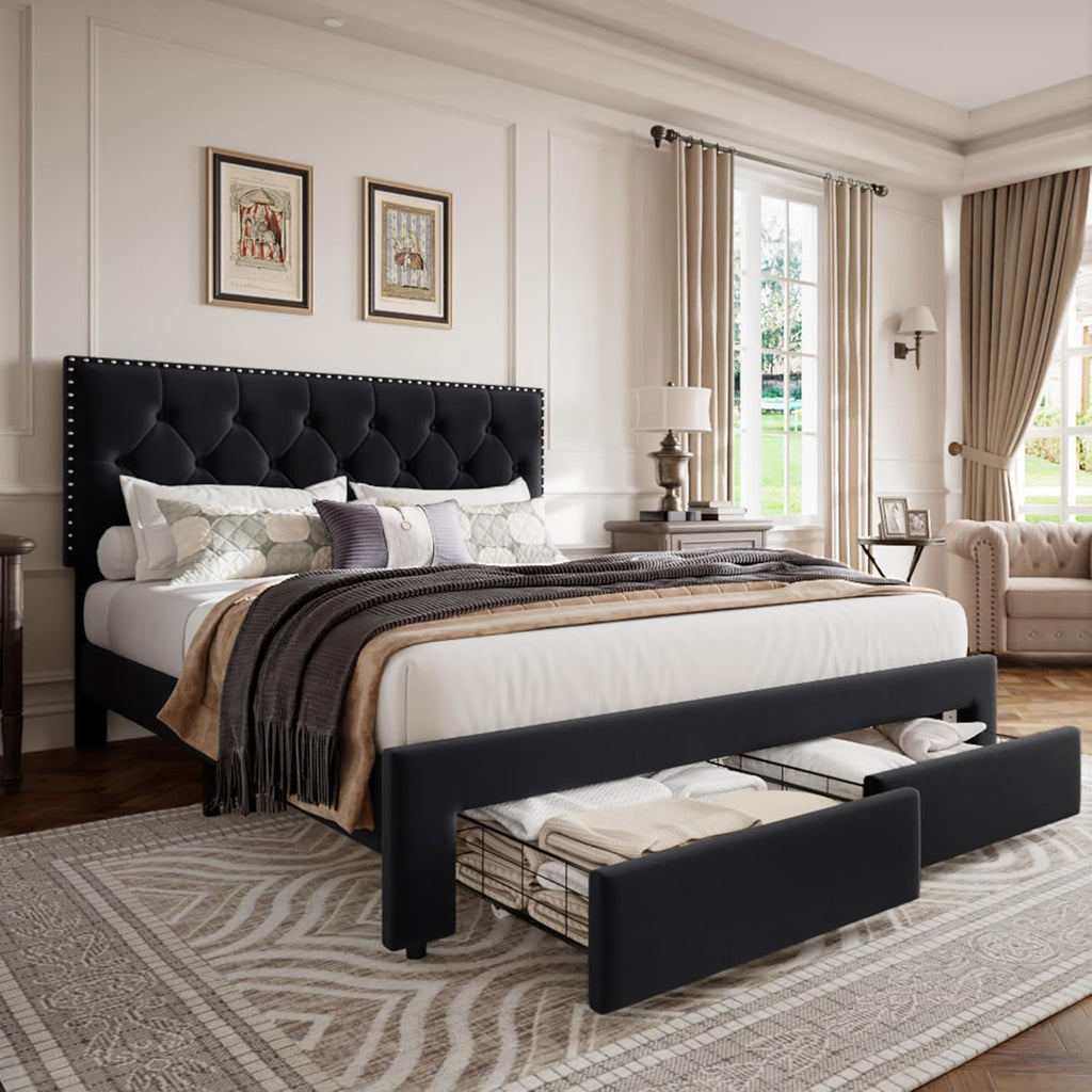 GarveeHome King Size Bed Frame with 2 Drawers, Velvet Headboard, Black