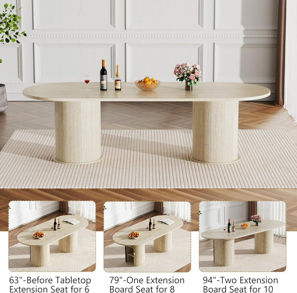 Modern Extendable Dining Table for 6-8-10,Rustic Expandable Oval Kitchen Tables,63-79-94 Inch Large Dining Table with Faux Travertine Top and Storage Pedestal Base