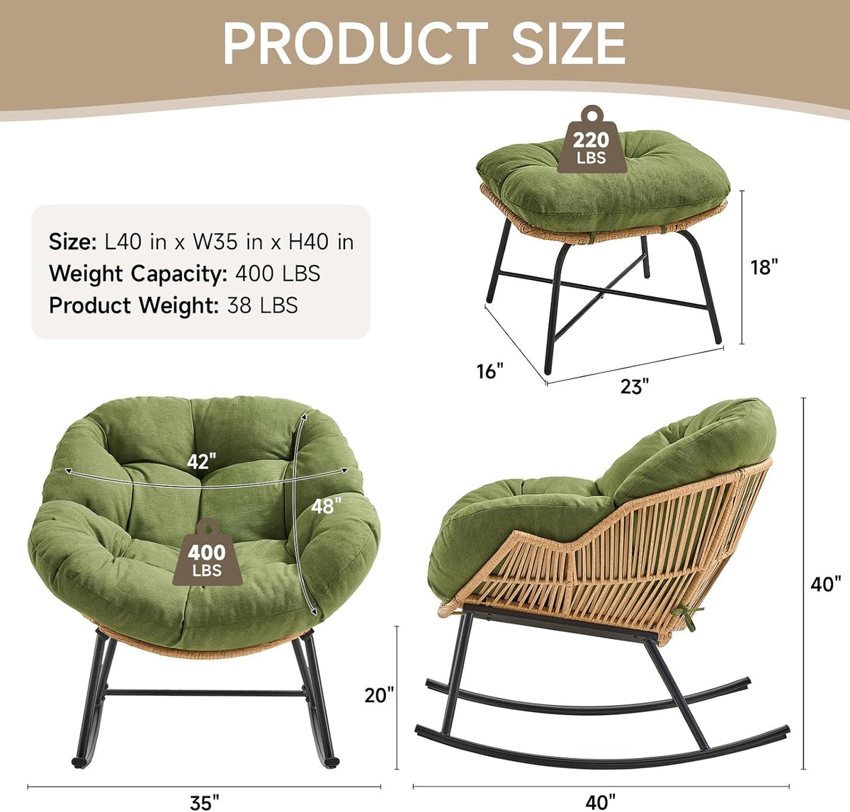 Papasan Rocking Chair with Ottoman, Oversized Papasan Chair, Olive Green | Indoor & Outdoor Rocker Chair with Padded Cushion for Living Room, Patio, Garden