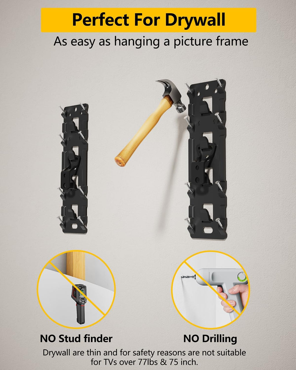 FORGING MOUNT No Stud TV Wall Mount for 26-100" TVs, Holds 176LBS | Low Profile 1.17", No Drilling Drywall TV Mount, 3x Wider Plate, Easy Install