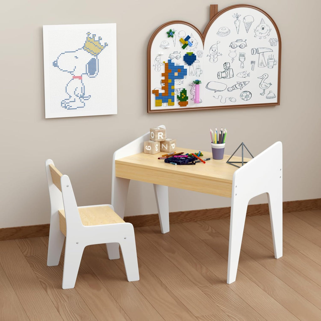 Kids Table and Chair Set, Wooden Children's Study Desk & Play Table for Ages 2-8, White and Natural MDF Furniture