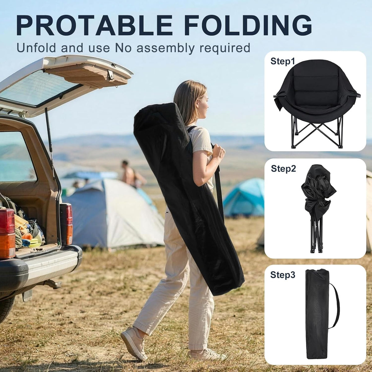 Oversized Camping Chairs for Adult - Heavy Duty Padded Portable Folding Chair XL Collapsible Camp Chair with Cup Holder Side Pocket for Outdoor Lawn Beach Sport Fishing Support 500LBS, Black