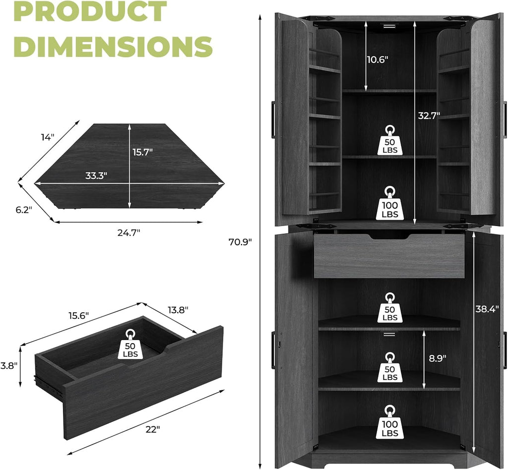 Dripex 71" Black Farmhouse Corner Pantry Cabinet with LED Light, Tall Storage Cabinet with Doors & Adjustable Shelves, Food Pantry for Kitchen, Living Room, Dining Room