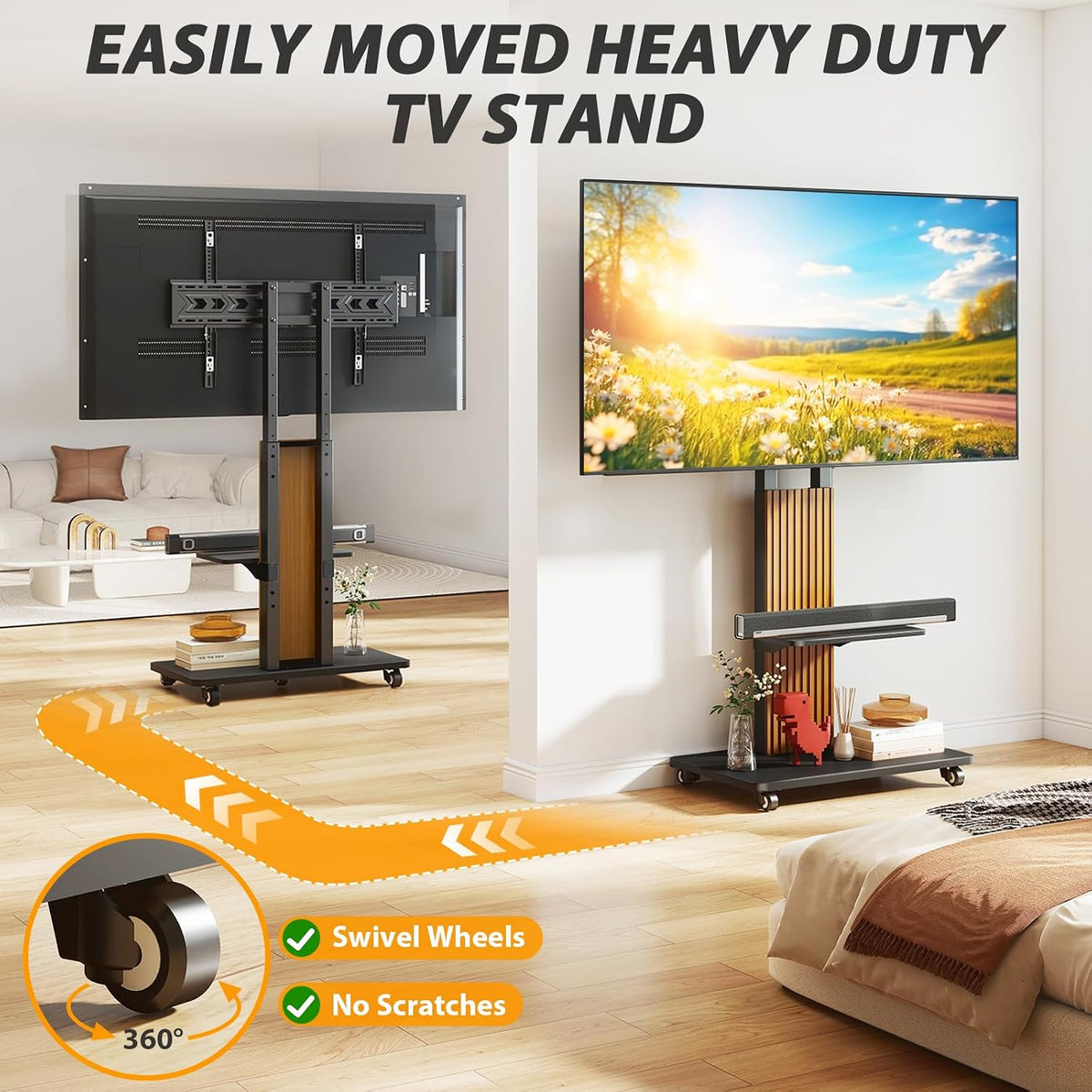 TVON Heavy Duty Rolling TV Stand for 55-100 inch Large Screens | Supports up to 172 lbs (150 lbs TV + 22 lbs Shelf), Mobile TV Cart with Wooden Base and Alloy Wheels, Black and Walnut