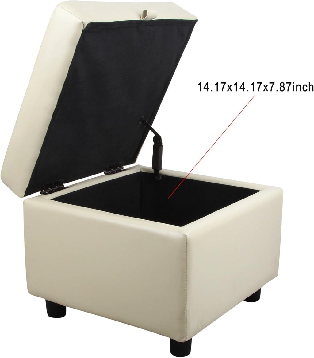 H&B Luxuries Tufted Leather Square Flip Top Storage Ottoman Cube Foot Rest (Cream with Storage)