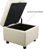 H&B Luxuries Tufted Leather Square Flip Top Storage Ottoman Cube Foot Rest (Cream with Storage)