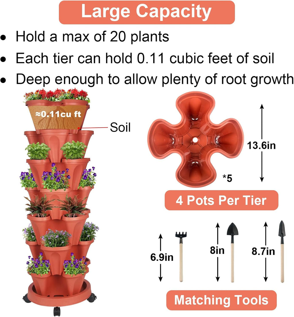 Vertical Planter 7 Tier Stackable Planters Garden Planters Strawberry Herb Flower and Vegetable Planter Indoor Outdoor Gardening Pots with Removable Wheels and Tools 2-Pack