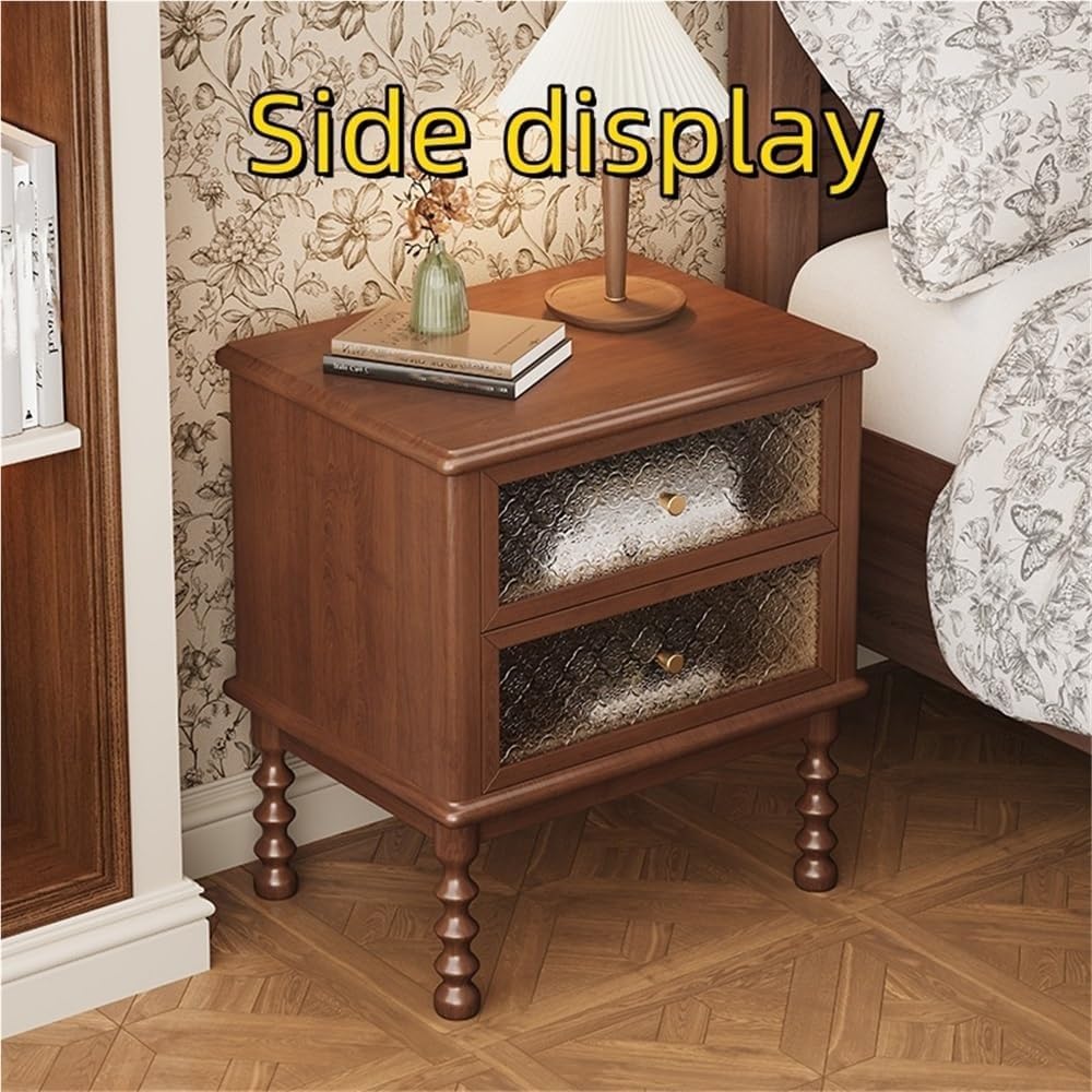Vintage Wooden Nightstand Antique Bedside Table with 2 Floral Glass Drawers Mid-Century Modern Storage Cabinet End Table (Black)