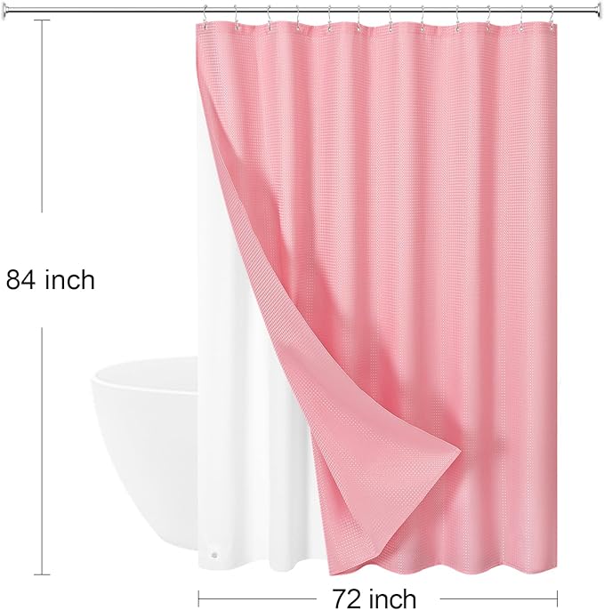 3 in 1 Extra Long Pink Shower Curtain Set-72 W x 84 H, Modern Waffle and PEVA Liner Set with 12 Stainless Steel Hooks, Waterproof Fabric for Bathroom