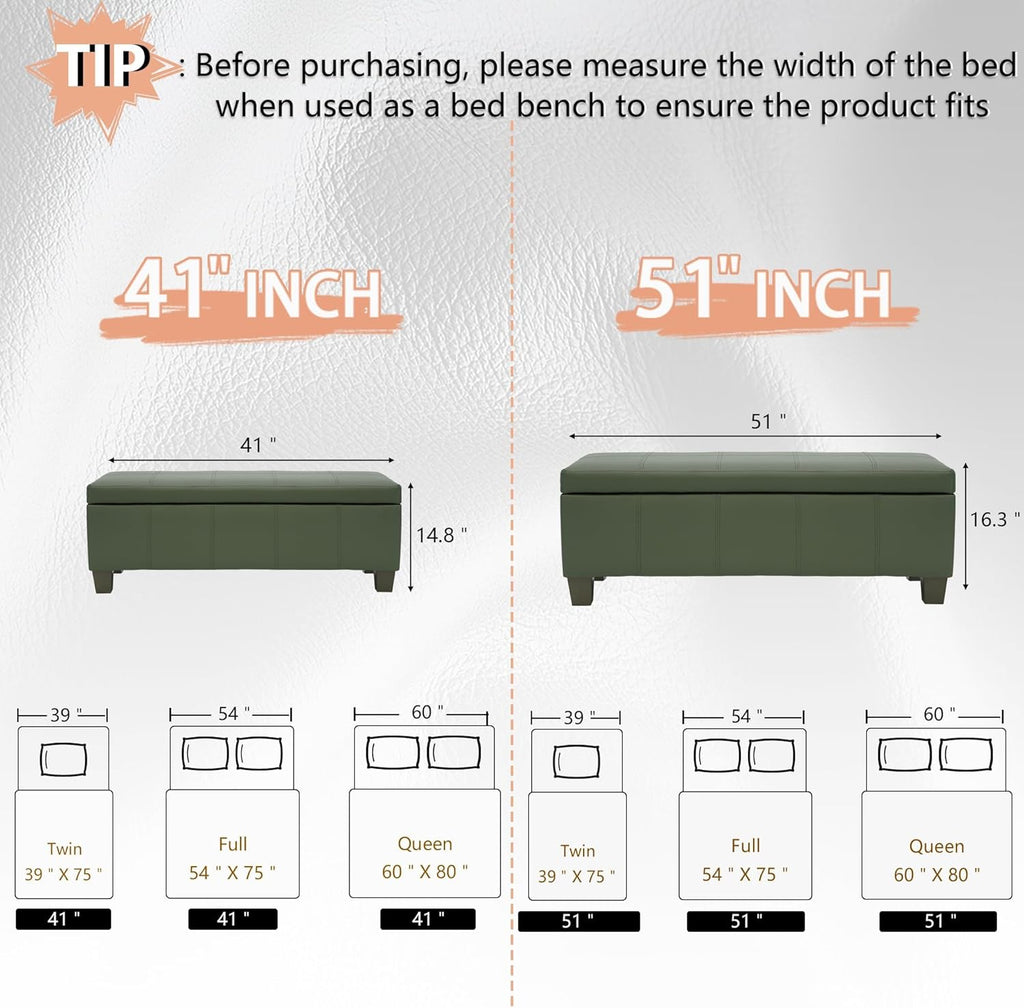 51 Inch Storage Ottoman, Storage Bench with Safety Hinge, Upholstered Synthetic Leather Ottoman Bench for Bedroom, Living Room, Entryway, Hallway, Foot Rest, Support 500lbs