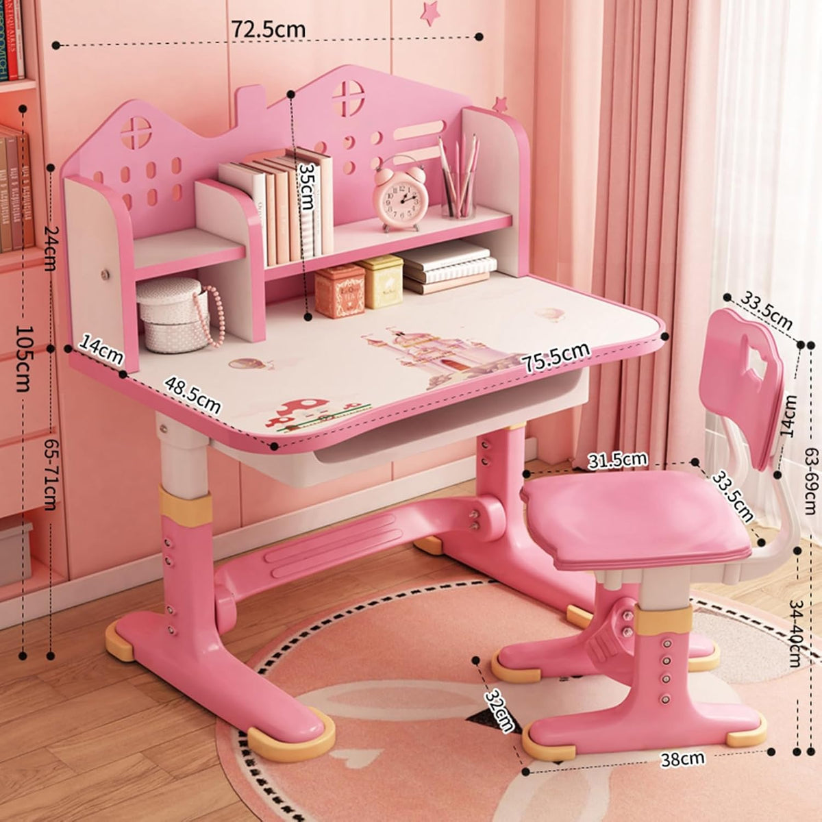 Kids Desk and Chair Set,Height Adjustable Child's School Study Writing Table Computer Workstation,Kids Desk with Bookstand & Storage Drawer,Children Chair-Desk with Widened Desktop for Boys and Girls