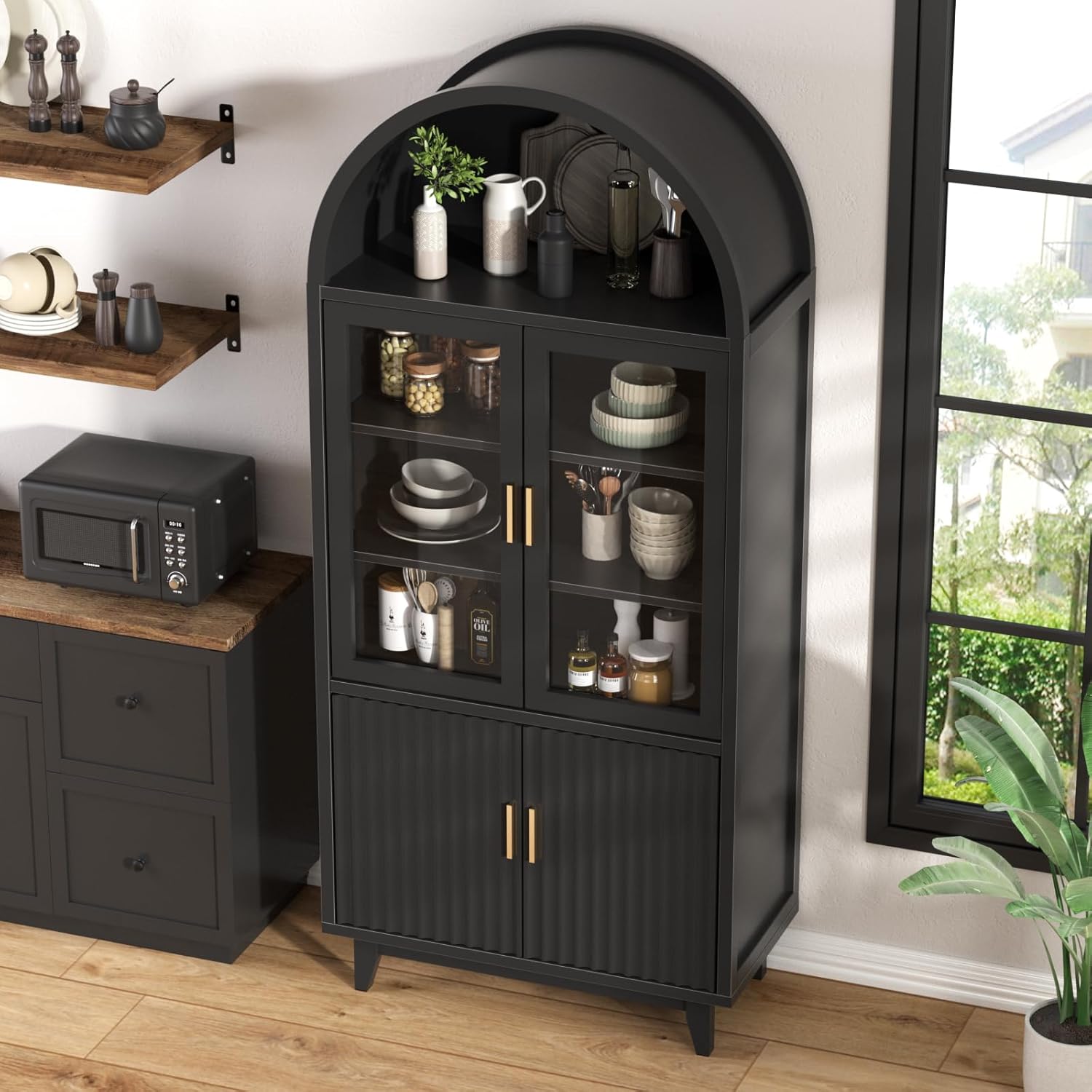 FiveWillowise Kitchen Pantry Cabinet with Glass Doors - Arched Design, Solid Wood Legs, Artistic Fluted Door, Adjustable Shelves, 70.8" Curved Storage Cabinet for Kitchen, Dining Room