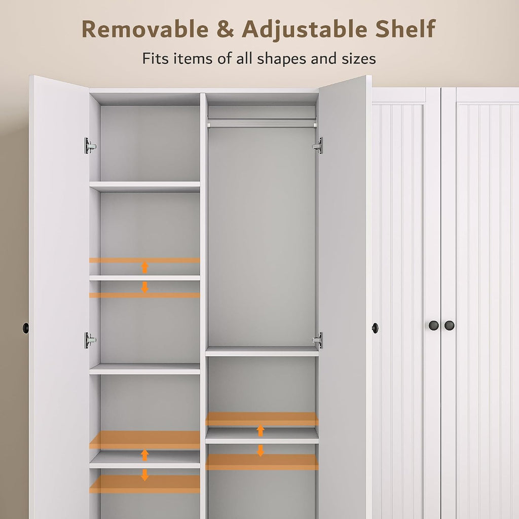 iPormis 4 Doors Armoire Wardrobe Closet with 2 Drawers, 63" Large Wardrobe Cabinet with Removable Hanging Rods and Adjustable Shelves, Closet Storage Cabinet for Bedroom, Cloak Room, White
