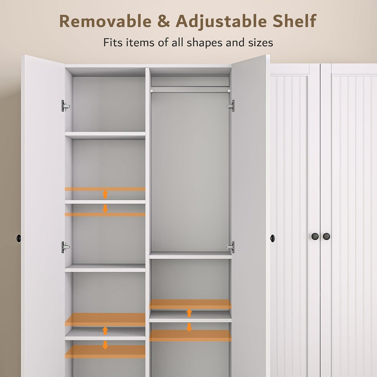 iPormis 4 Doors Armoire Wardrobe Closet with 2 Drawers, 63" Large Wardrobe Cabinet with Removable Hanging Rods and Adjustable Shelves, Closet Storage Cabinet for Bedroom, Cloak Room, White