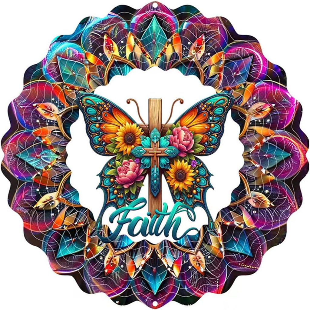 Cross Wind Spinner, Metal Wind Spinners Outdoor/Indoor, Cross Butterfly Hanging Garden Decor for Outside, Stainless Wind Spinners for Yard and Garden 10 inch 3D (25X24.95 CM)
