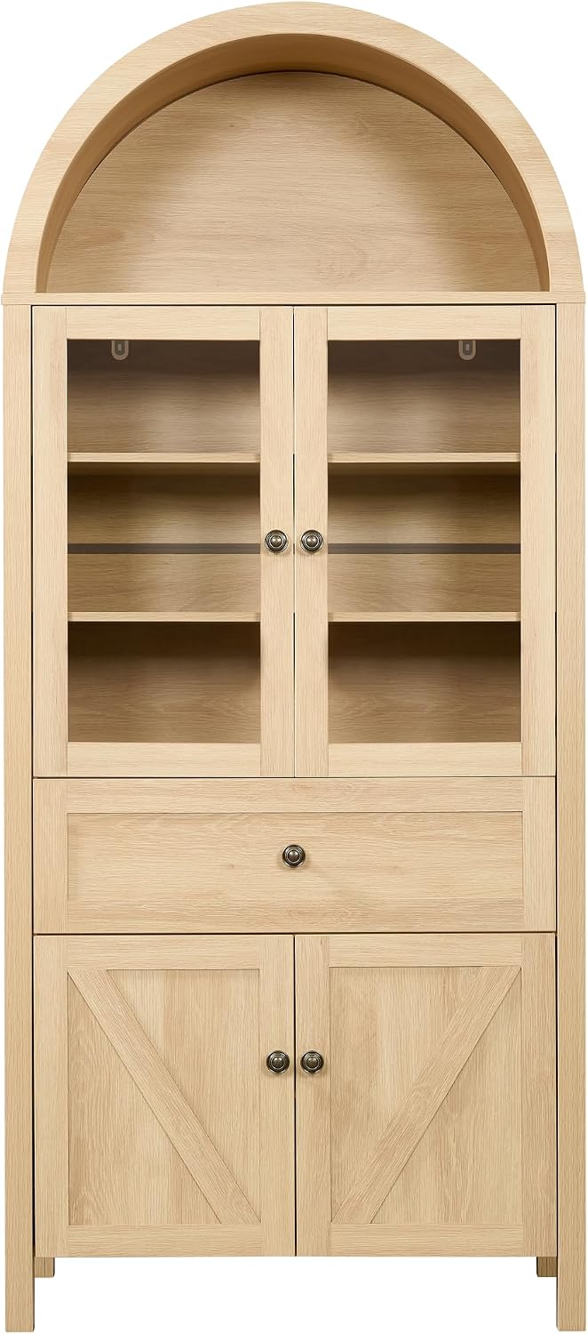 GDFStudio 71'' Arched Kitchen Pantry Cabinet, Wooden Pantry Cabinets for Kitchen Storage, Kitchen Storage Furniture with Adjustable Shelves, Multi-Functional Bookcase for Living Room, Oak
