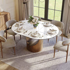 POVISON Modern Extendable Dining Table for 4-6, 47" to 63" Round to Oval Sintered Stone Kitchen Table with Carbon Steel Base, Mid-Century Dinner Tables for Dining Room, Glossy White（Table Only）