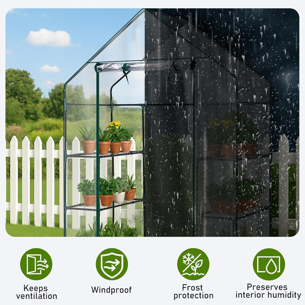 Outvita Walk-in Greenhouse, Outdoor Durable PVC Plant Green House for Frost Protection with 3 Tiers 4 Shelves, Shelf Clips, Roll-up Zipper Door, 56"x29"x77" Transparent