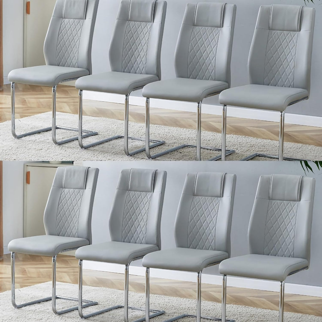 Leather Dining Chairs Set of 8, Modern Upholstered Living Room Chairs with Sliver Metal Legs, Cesca Chair with Armless, Suitable for Kitchen, Bedroom, Living & Dining Room, Light Gray