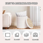 PINPLUS Round Storage Ottoman Foot Rest Stool with Tray Velvet Sherpa Folding Storage Ottoman,Boucle Foot Rest for Living Room, Bedroom, Dorm（Cream White）