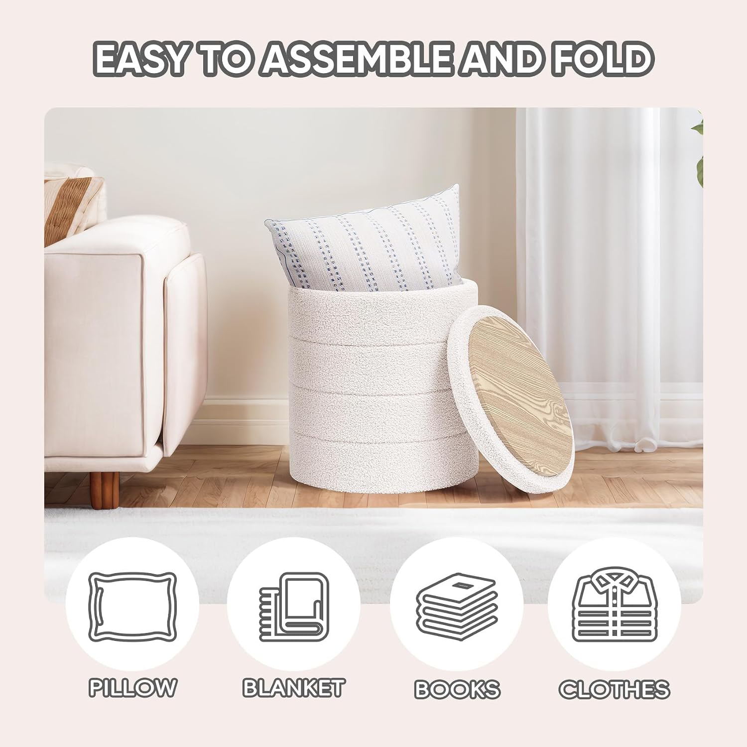 PINPLUS Round Storage Ottoman Foot Rest Stool with Tray Velvet Sherpa Folding Storage Ottoman,Boucle Foot Rest for Living Room, Bedroom, Dorm（Cream White）