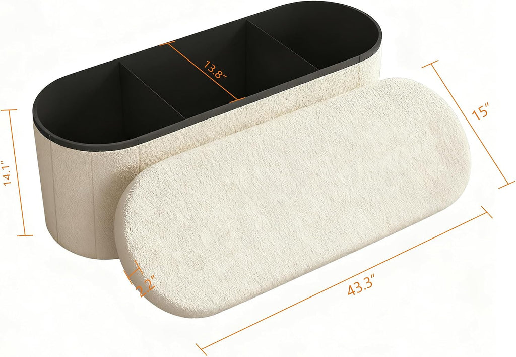 GLAXYFUR Oval Ottoman with Storage for Living Room, Sherpa Bench, Beige | 43.3 Inches Folding Chest, Foot Rest, End of Bed Bench for Bedroom, Hallway