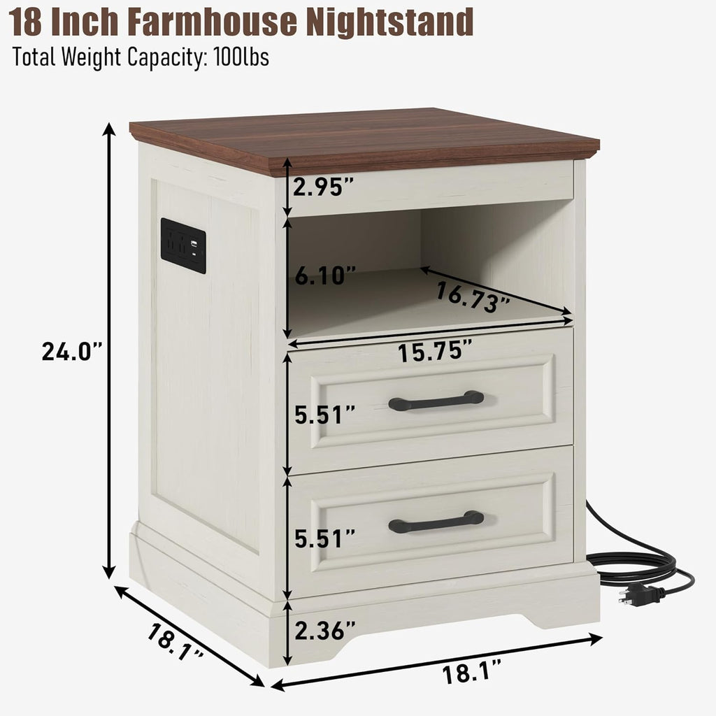 Gadroad 18" Farmhouse Accent Nightstand with Charging Station, End Table with 3 Drawers Storage, Side Table, Bedside Cabinet for LivingRoom Bedroom Office, Brown