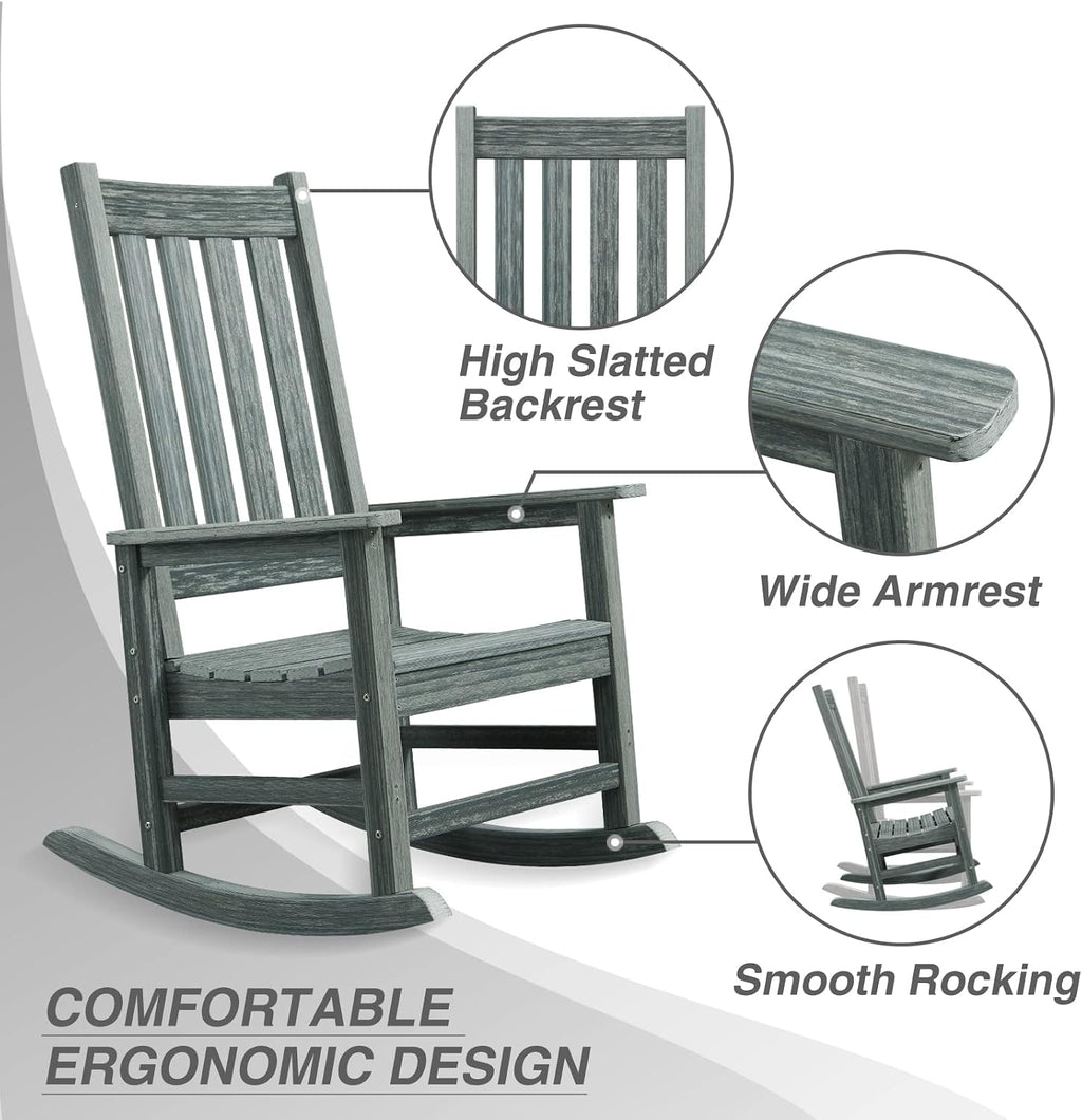 Oversized Outdoor Rocking Chair, HDPE 350lbs Heavy Duty Porch Rocker with High Back, All Weather Resistant Patio Rocking Chair for Lawn, Garden & Deck (Grey)