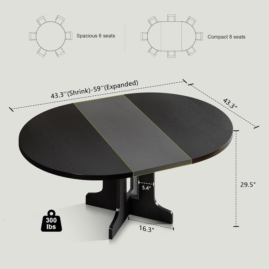 Feonase 43.3-59" Round Extendable Dining Room Table for 4-6, Modern Oval Kitchen Table with Heavy Duty Base, Dining Table for Kitchen Living Room, Easy Assembly, Noise-Free, Matte Black