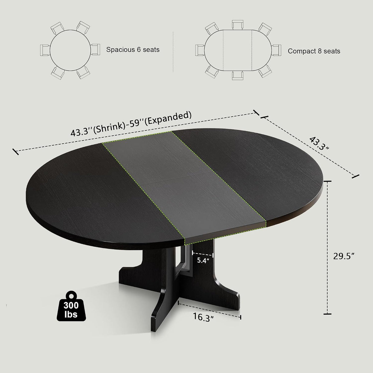Feonase 43.3-59" Round Extendable Dining Room Table for 4-6, Modern Oval Kitchen Table with Heavy Duty Base, Dining Table for Kitchen Living Room, Easy Assembly, Noise-Free, Matte Black