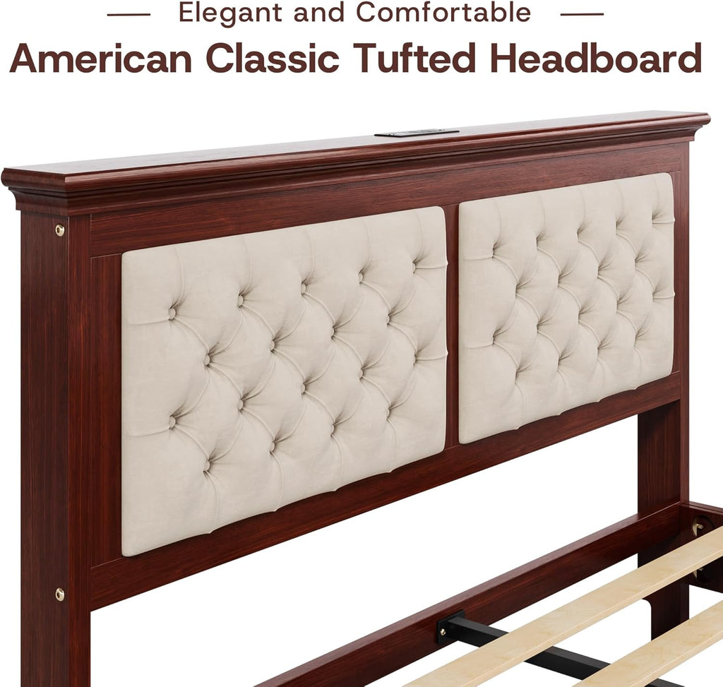 Lifezone Solid Wood Queen Bed Frame 41.5” Tall Diamond-Tufted Upholstered Headboard, American Classic Flat-Top Bed, Stable Structure, Wood Slats Support, Noise-Free, No Box Spring Needed, Redish Brown