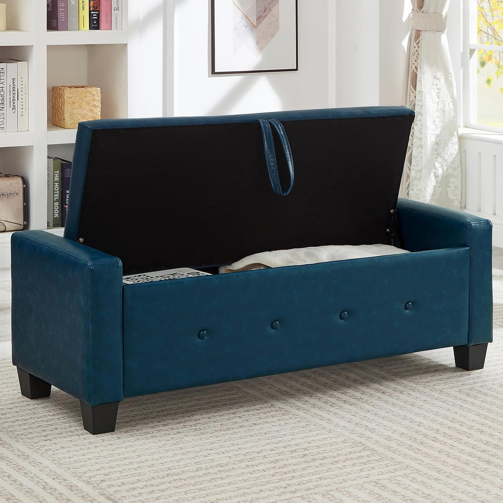 Storage Bench for Bedroom – Upholstered Tufted Ottoman Bench with Legs, 48" Faux Leather Ottoman with Storage with Safety Hinge, End of Bed Benchs for Bedroom Living Room Entryway