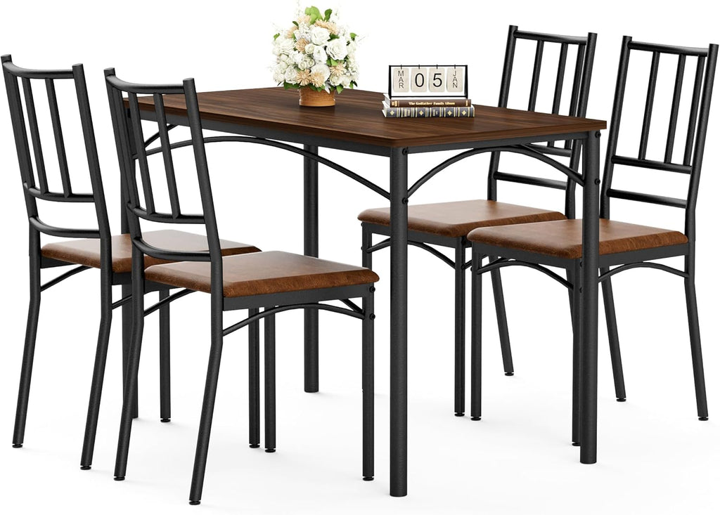Dining Table Set for 4, Industrial Kitchen Table Set with 4 Upholstered Chairs, Metal Table and Chairs Set for Kitchen, Dining Room, Living Room, Walnut