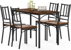 Dining Table Set for 4, Industrial Kitchen Table Set with 4 Upholstered Chairs, Metal Table and Chairs Set for Kitchen, Dining Room, Living Room, Walnut