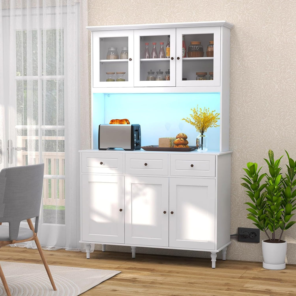 77" Large Kitchen Hutch with Charging Station, LED Pantry Cabinet with Microwave Shelf, Tall Cupboard with 4 Adjustable Shelves, 3 Drawers & Glass Doors, Dining Room Buffet with Hutch, White