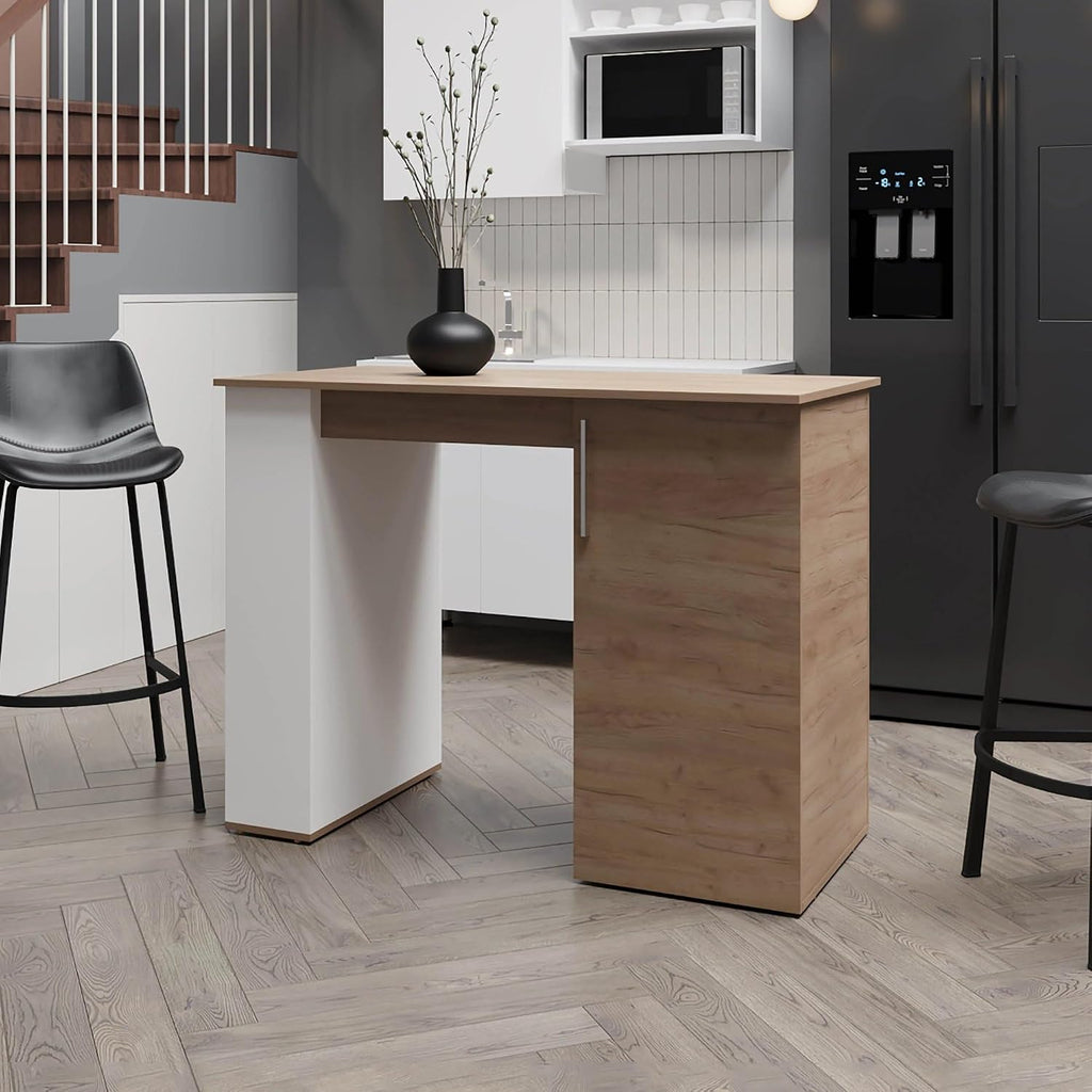 White and Natural Oak Kitchen Island with 1-Door and Open Storage | Five open shelves and one door for organized storage