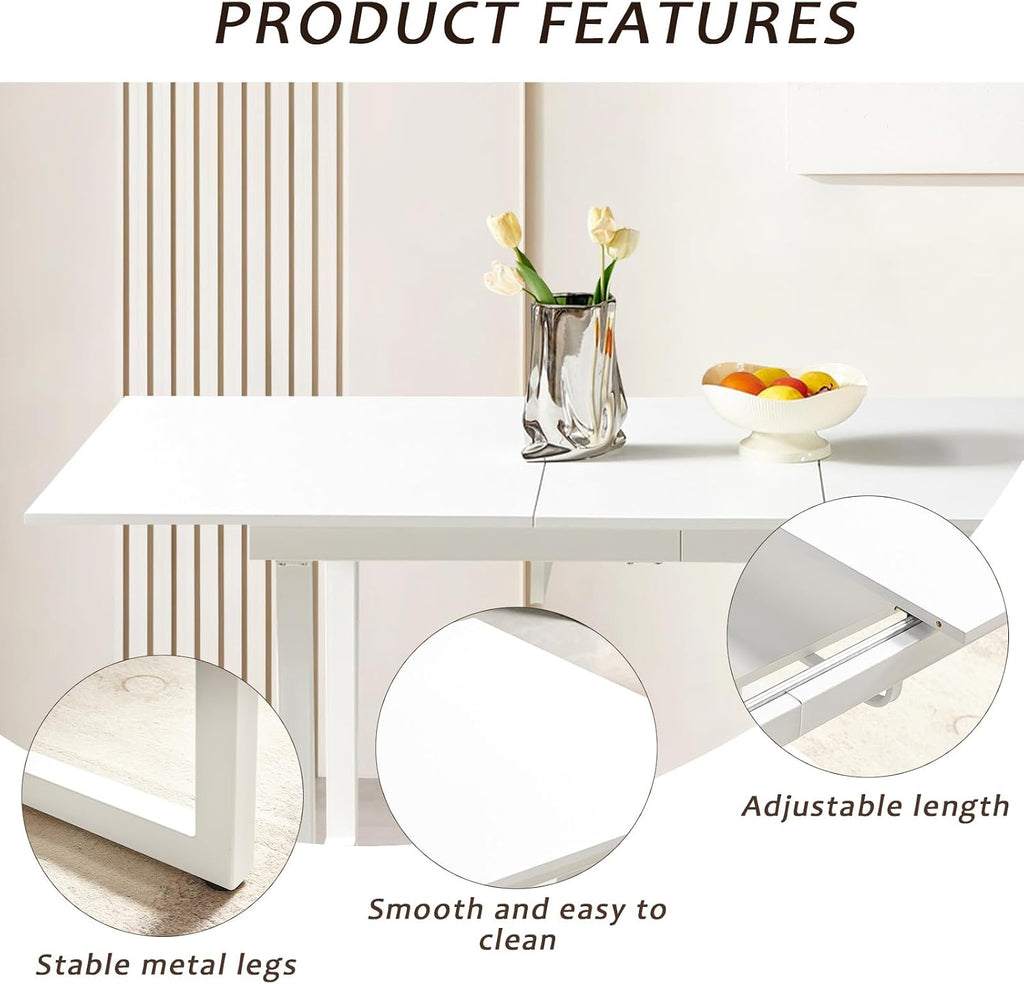 Extendable Dining Table for 4-6 People,70.86''Modern Space-Saving Kitchen Table with Metal Legs,Foldable Rectangular Conference Table for Living Room & Kitchen Meetings(White)