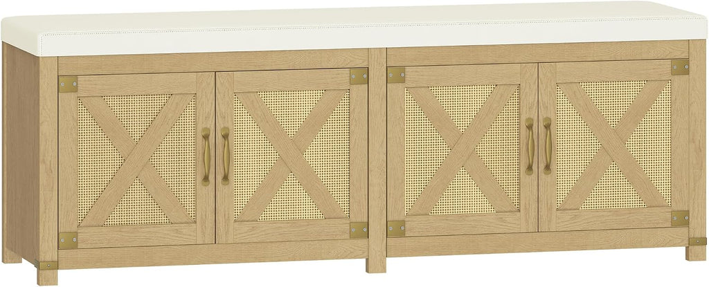 Hzuaneri Shoe Storage Bench, 2 Tier Shoe Bench with Padded Seat Cushion & 4 Barn Doors, 59" Entryway Bench with Adjustable Shelf, Farmhouse Shoe Cabinet for Living Room, Bedroom, Camel Yellow SB31502M