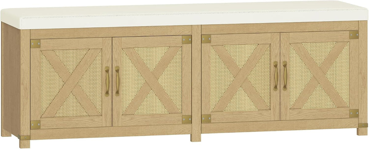Hzuaneri Shoe Storage Bench, 2 Tier Shoe Bench with Padded Seat Cushion & 4 Barn Doors, 59" Entryway Bench with Adjustable Shelf, Farmhouse Shoe Cabinet for Living Room, Bedroom, Camel Yellow SB31502M