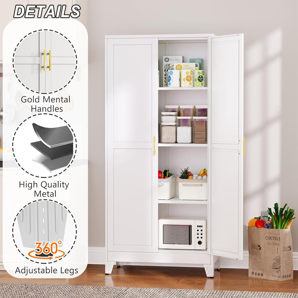 Winiowa Metal Pantry Cabinet with 2 Doors and Adjustable Shelves - 61" Kitchen Storage Cabinet with Gold Handles - Versatile Storage for Kitchen, Bathroom, Dining Room, Utility Room - White