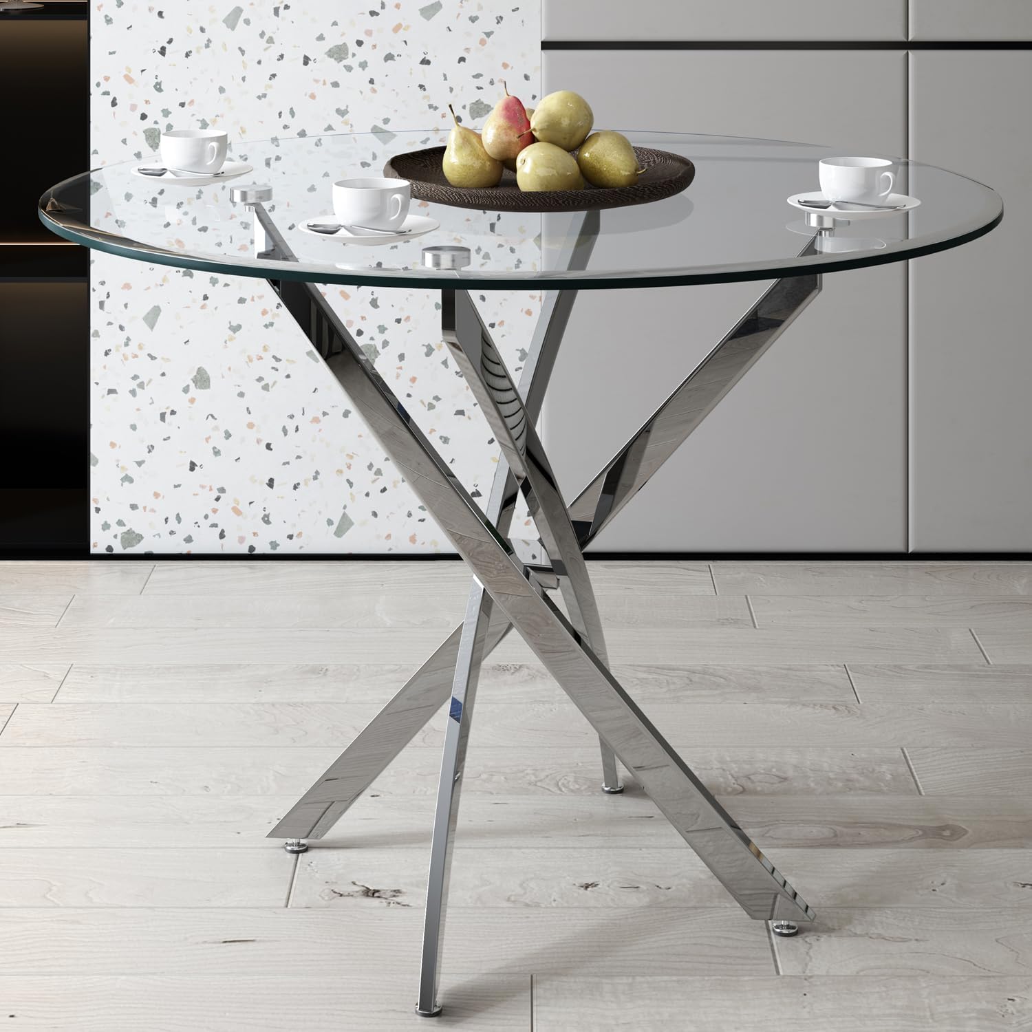 Modern Dining Table for 4 People, 36" Round Dining Table with Silver Chrome Metal X-Base, Circle Tempered Glass Dining Room Table, Small Kitchen Dining Room Tables Dinner Tables