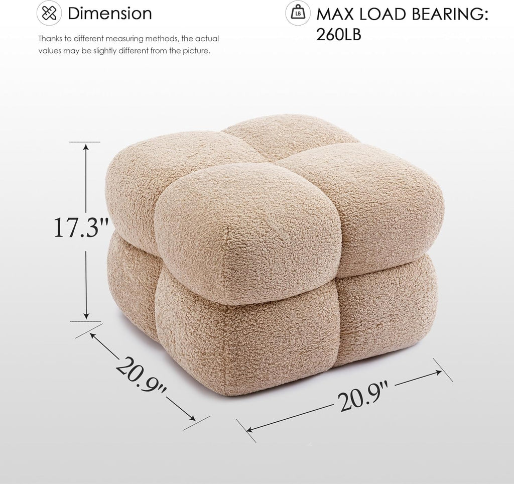 Zesthouse Square Pouf Ottomans Set of 2, Modern Vanity Chair for Bedroom | Sherpa Fabric Foot Rest for Couch, Upholstered Tufted Footstool, Poofy Ottoman Seat for Living Room Dorm, Fluffy Ottoman Tan