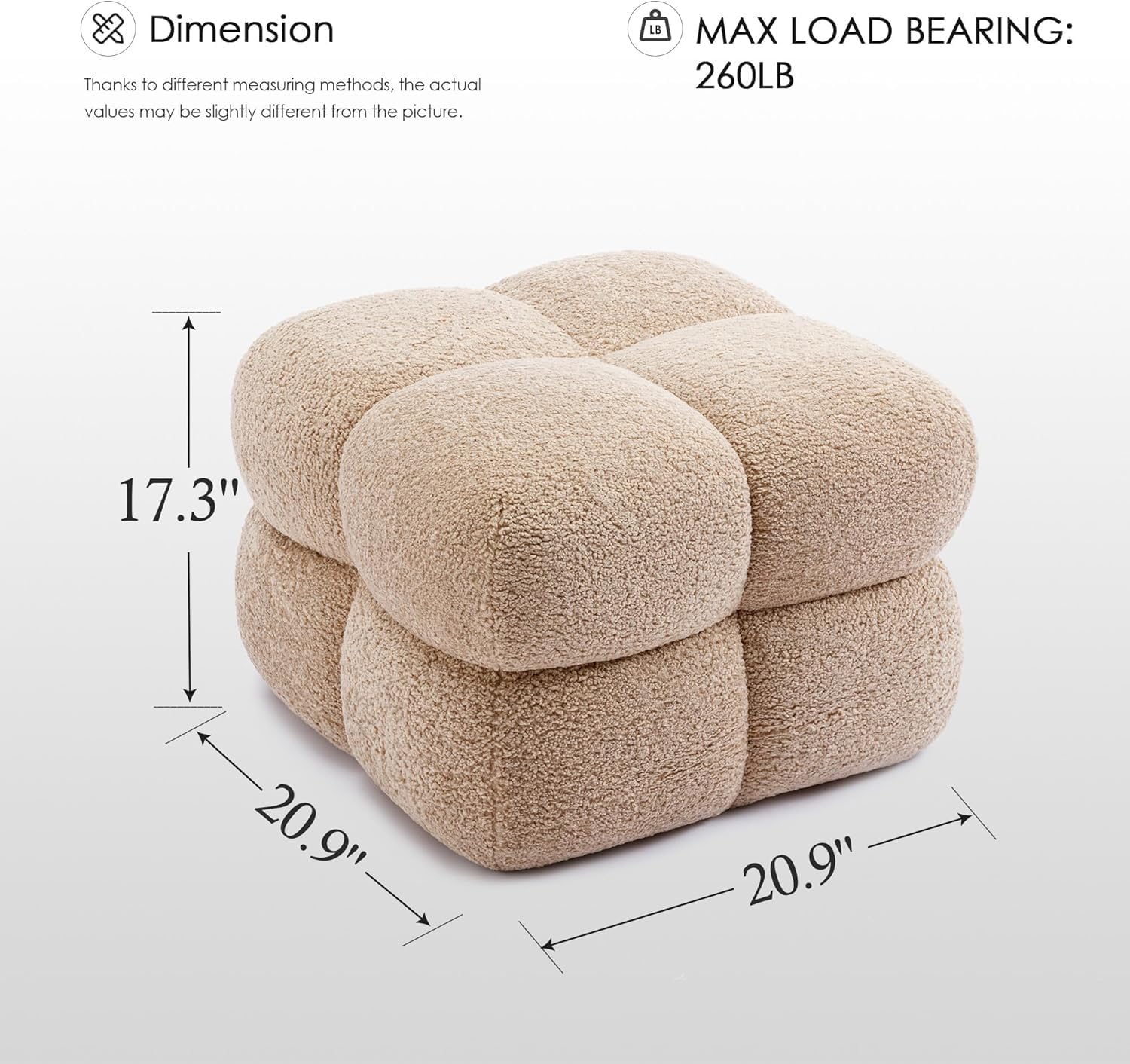 Zesthouse Square Pouf Ottomans Set of 2, Modern Vanity Chair for Bedroom | Sherpa Fabric Foot Rest for Couch, Upholstered Tufted Footstool, Poofy Ottoman Seat for Living Room Dorm, Fluffy Ottoman Tan